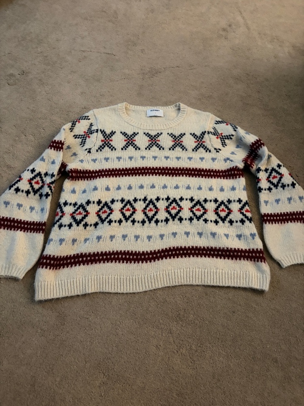 Old Navy Cream Fair Isle Crewneck Sweater with Red and Navy Accents